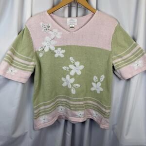 VTG Christopher & Banks Hand Embroidered Spring Sweater Green Pink Floral XL